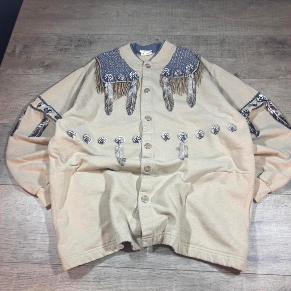 Vintage 90s tribal tan and blue western button up women's cardigan sweatshirt - Picture 2 of 7